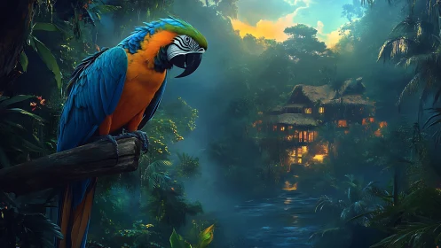 Digital rainforest macaw study with luminous jungle lodge.