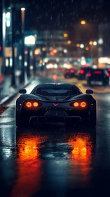Supercar rear profile on neon rain-soaked city street.