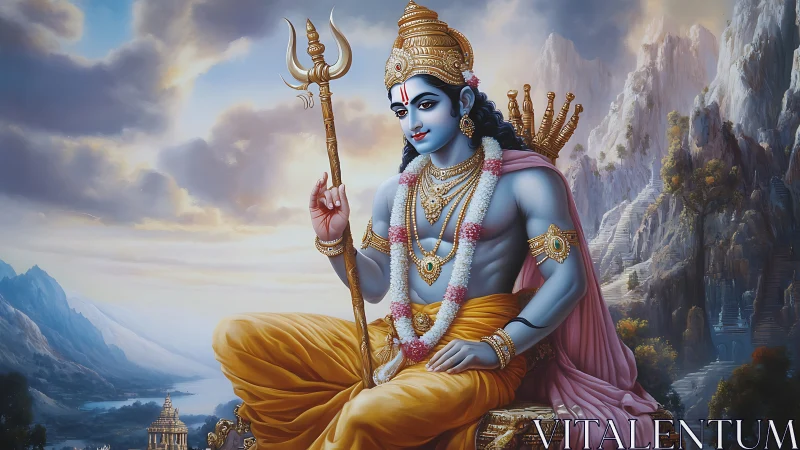 Blue-skinned deity with trident in ornate mountainous landscape