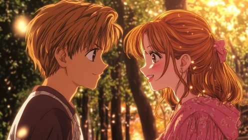 Sunlit anime couple sharing tender smiles in forest glow.