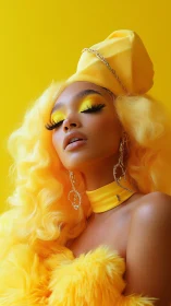 Monochrome yellow beauty portrait with sculpted glam styling.