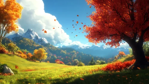 Golden autumn valley opens toward distant snowy mountains