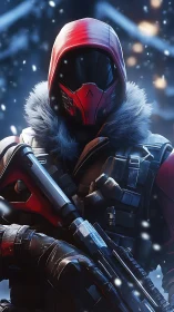 Tactical Operative in Red Armor Against Snowy Digital Environment.