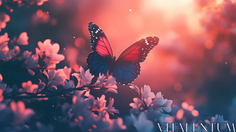 Digital painting of butterfly in dusk floral bokeh field.