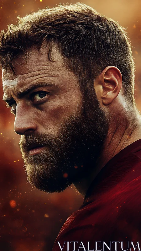 Intense bearded athlete in dramatic warm backlight portrait.