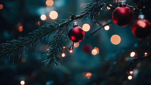 Photorealistic evergreen bokeh with red holiday ornaments.