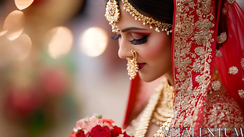 Indian bride in red lehenga glows under soft wedding lights