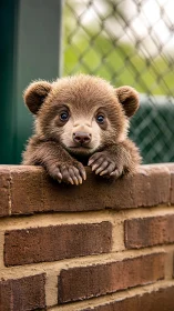 Curious baby bear peeking over a brick wall in soft light.