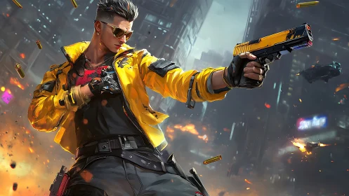 Cyberpunk gunfighter aims pistol amid burning neon city