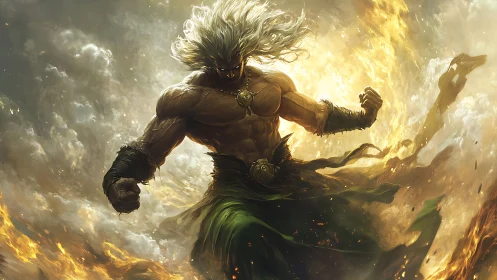Storm-wreathed warrior erupts from swirling elemental fire.