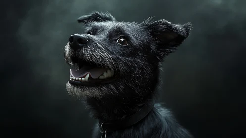 Bright-eyed black dog gazes upward with joyful curiosity