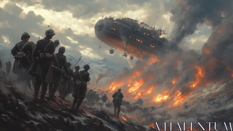Steampunk airship hovers over burning battlefield scene.