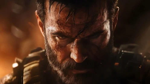 Battle-scarred warrior lowers his gaze into simmering fury