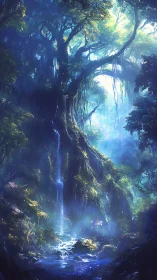 Ancient forest canopy with luminescent waterfall and atmospheric light diffusion through dense veget