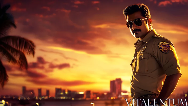 Sunset city skyline welcomes a confident uniformed officer