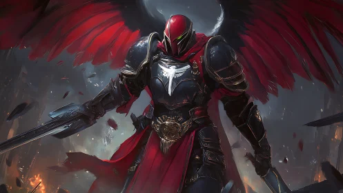 Winged crimson knight strides through a storm of embers.