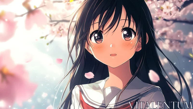 Anime schoolgirl stands among blooming cherry blossoms outdoors