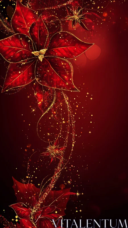 Glittering poinsettia comets swirl through crimson starlight
