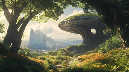 Sunlit forest gateway to a gentle, futuristic valley world.