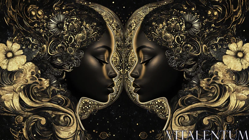 Golden twin portraits glowing with celestial floral magic.