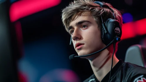 Young headset user sits at gaming station under stage lighting