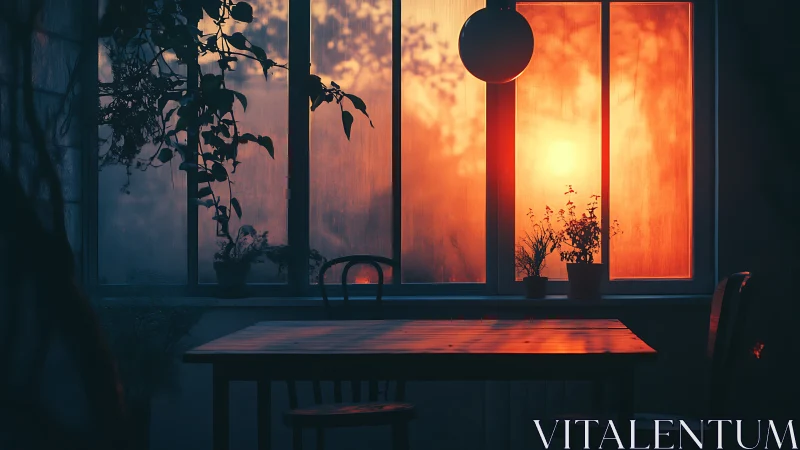 Backlit dining table silhouettes under saturated sunset glazing