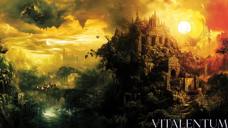 Sunlit jungle citadel rises above misty river valley