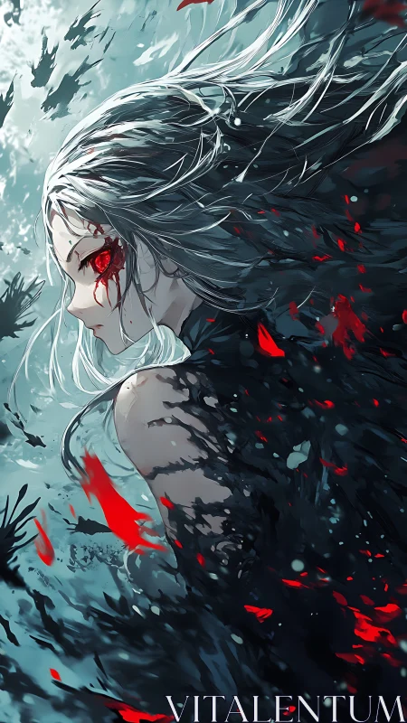 Scarlet-eyed anime heroine dissolves into abstract shadow