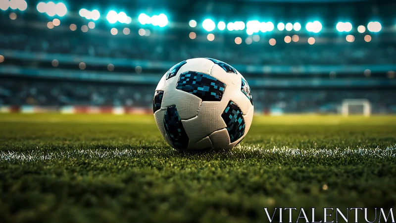 Stadium lights glow as a lone soccer ball awaits the match