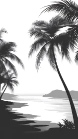 Tropical Shoreline with Palm Trees in Grayscale