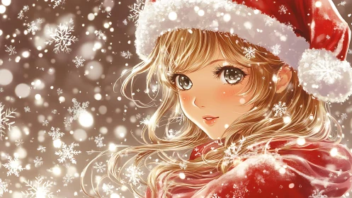 Girl in red winter clothing is surrounded by digital snowflakes