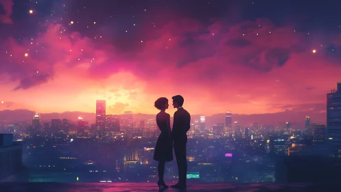 Couple at Sunset: Urban Rooftop Romance Above Glowing City.