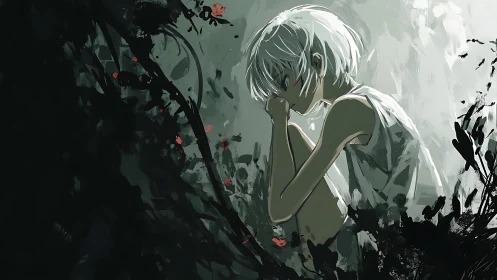 Quiet silver‑haired girl rests thoughtfully in shadowed thorns