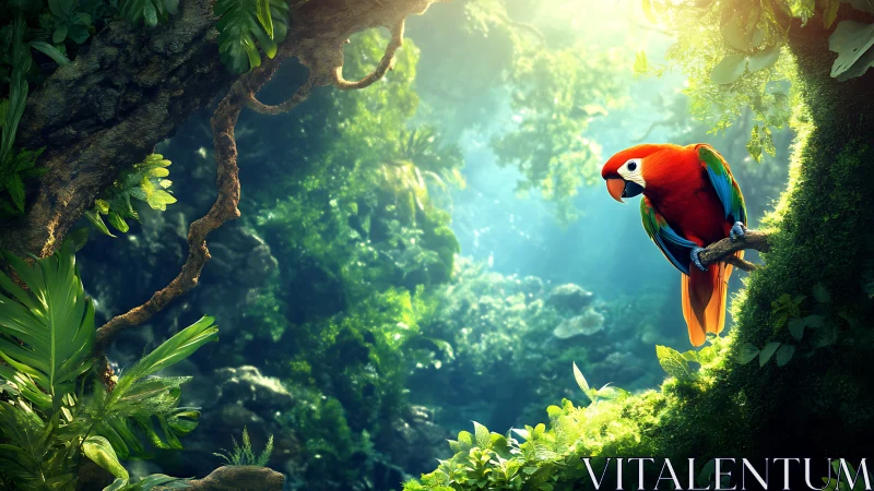 Scarlet macaw perches in luminous rainforest canopy scene.