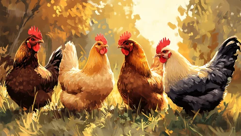 Compositional Poultry Assembly: Five Roosters and Hens in Warm Domestic Setting
