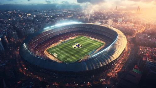 Sunset aerial view over packed city football stadium.