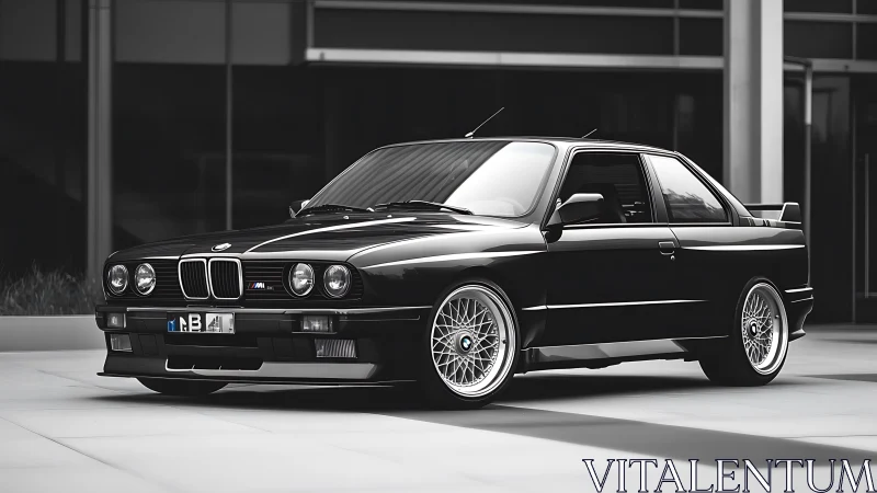 Black BMW E30 M3 coupe stands parked before modern glass block