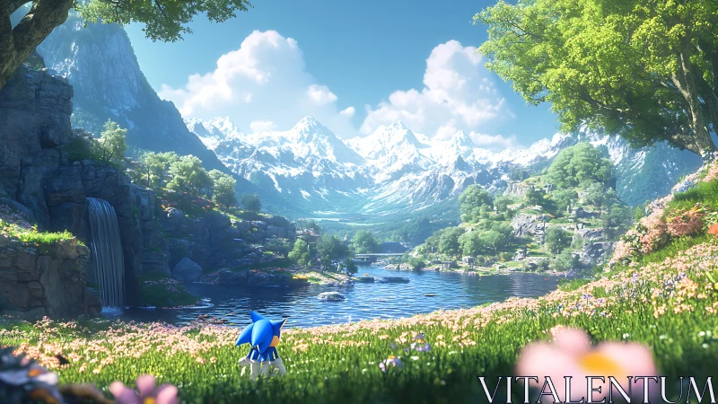 Blue hedgehog overlooking bright mountain lake valley.