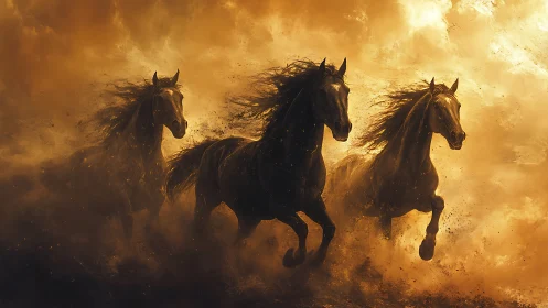 Fiery storm charge of three dark running horses at dusk.