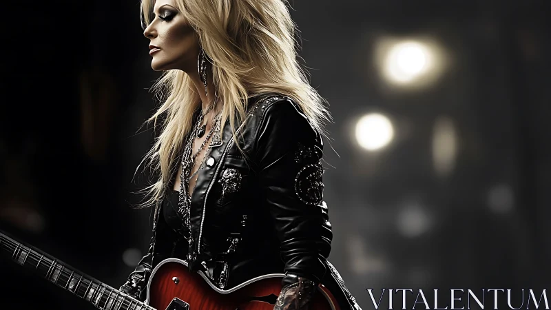 Steel-string siren in leather storms a spotlighted stage.