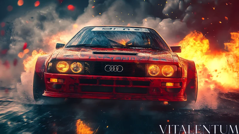 Rally-bred Audi coupé drifting through firelit wet asphalt