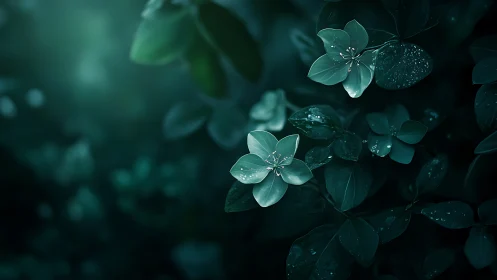 Emerald woodland flowers glow under moody dewy light.