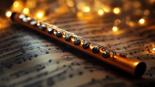Golden flute resting on sheet music under warm bokeh light.