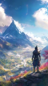 Lone warrior overlooks bright valley beneath towering peak.