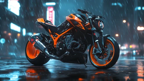 High-contrast KTM streetfighter rendered in wet neon urban rain