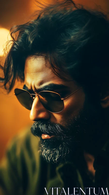 Brooding bearded drifter in amber cinematic glow portrait.