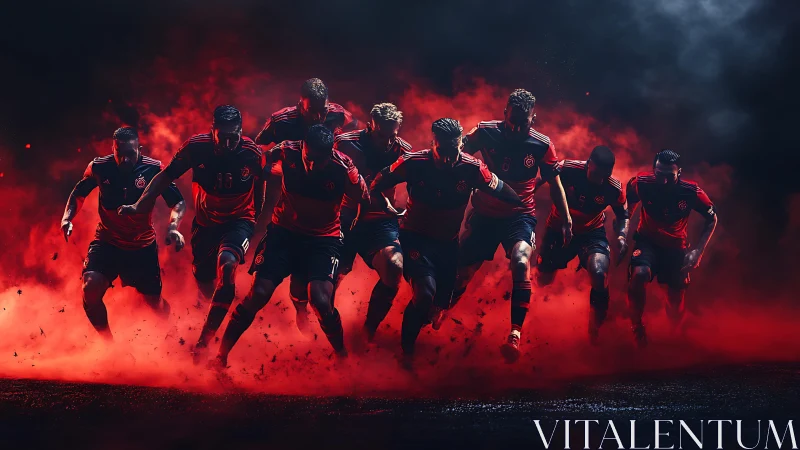 Soccer players running through red smoke on dark field.