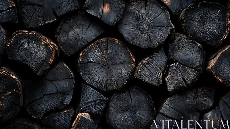 Close-up of Charred Wood Logs in Dark Rustic Style.
