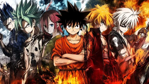 Group of intense anime fighters in fiery battle stance.