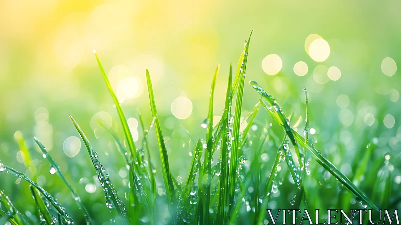 Macro optical study of dew-laden grass blades at sunrise.